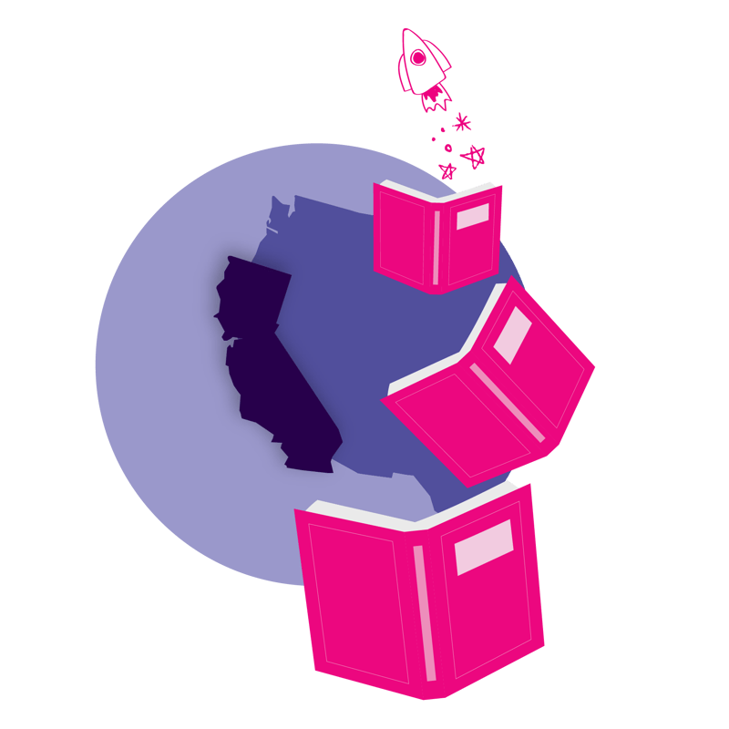 CA state map with three books flying and a rocket coming out the top