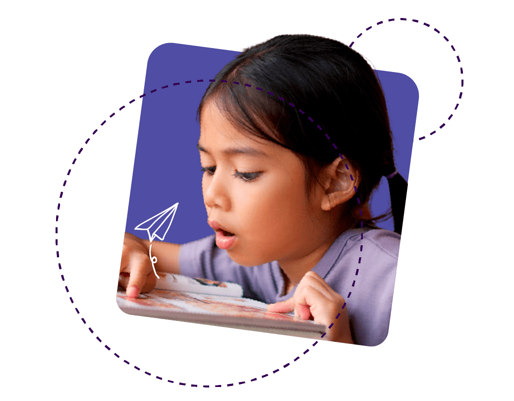 A young girl reading intently, surrounded by a purple background and dashed circle graphics