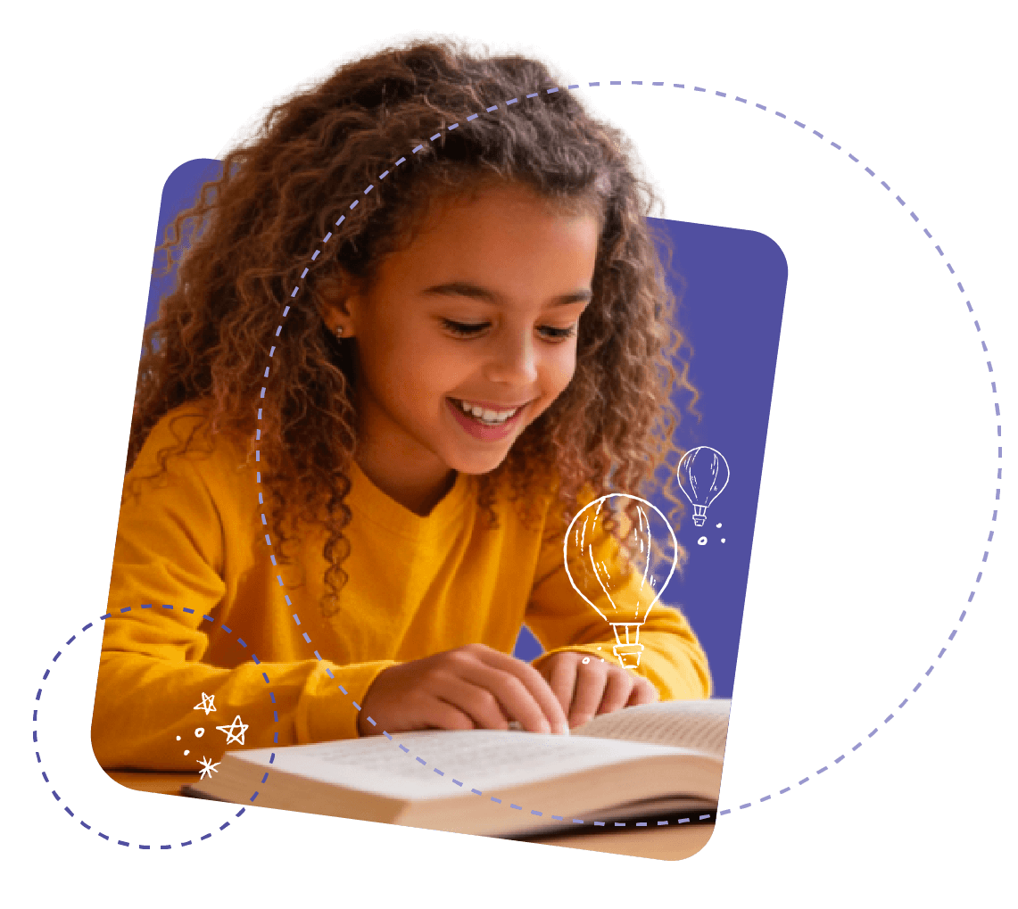 A young girl with curly hair smiling while reading, surrounded by a purple background and illustrated circle graphics