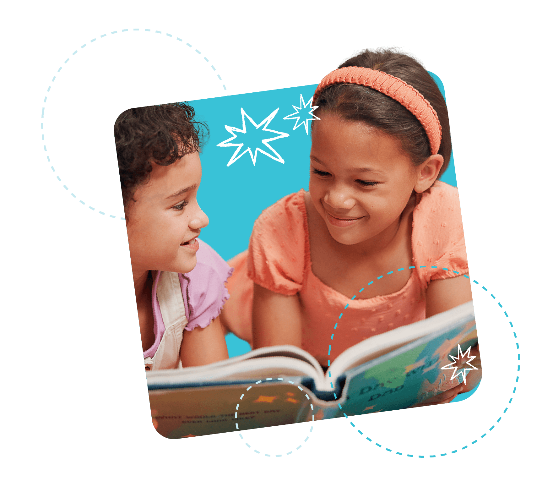 Two young girls laughing while holding a large book open in front of their face, surrounded by a blue background and illustrated circle graphics