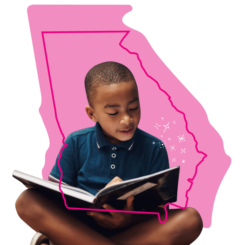Boy reading with georgia state outline as graphic elements