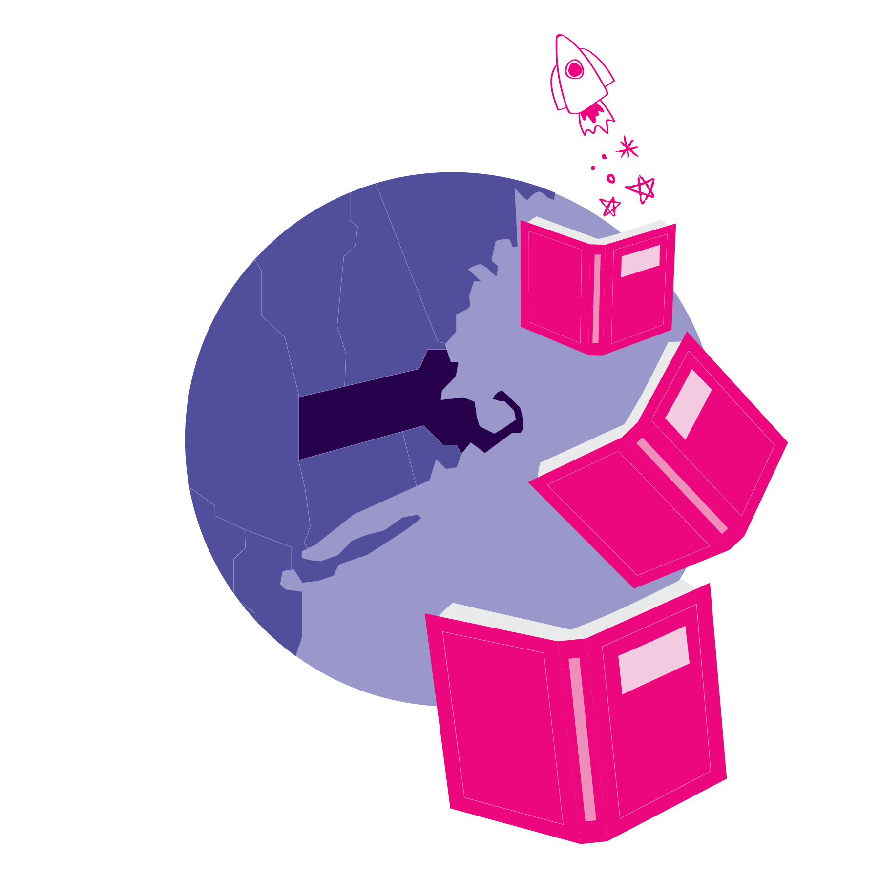 Massachusetts state outline in purple with pink books and rocket ship illustrations Massachusetts state outline in purple with pink books and rocket ship illustrations