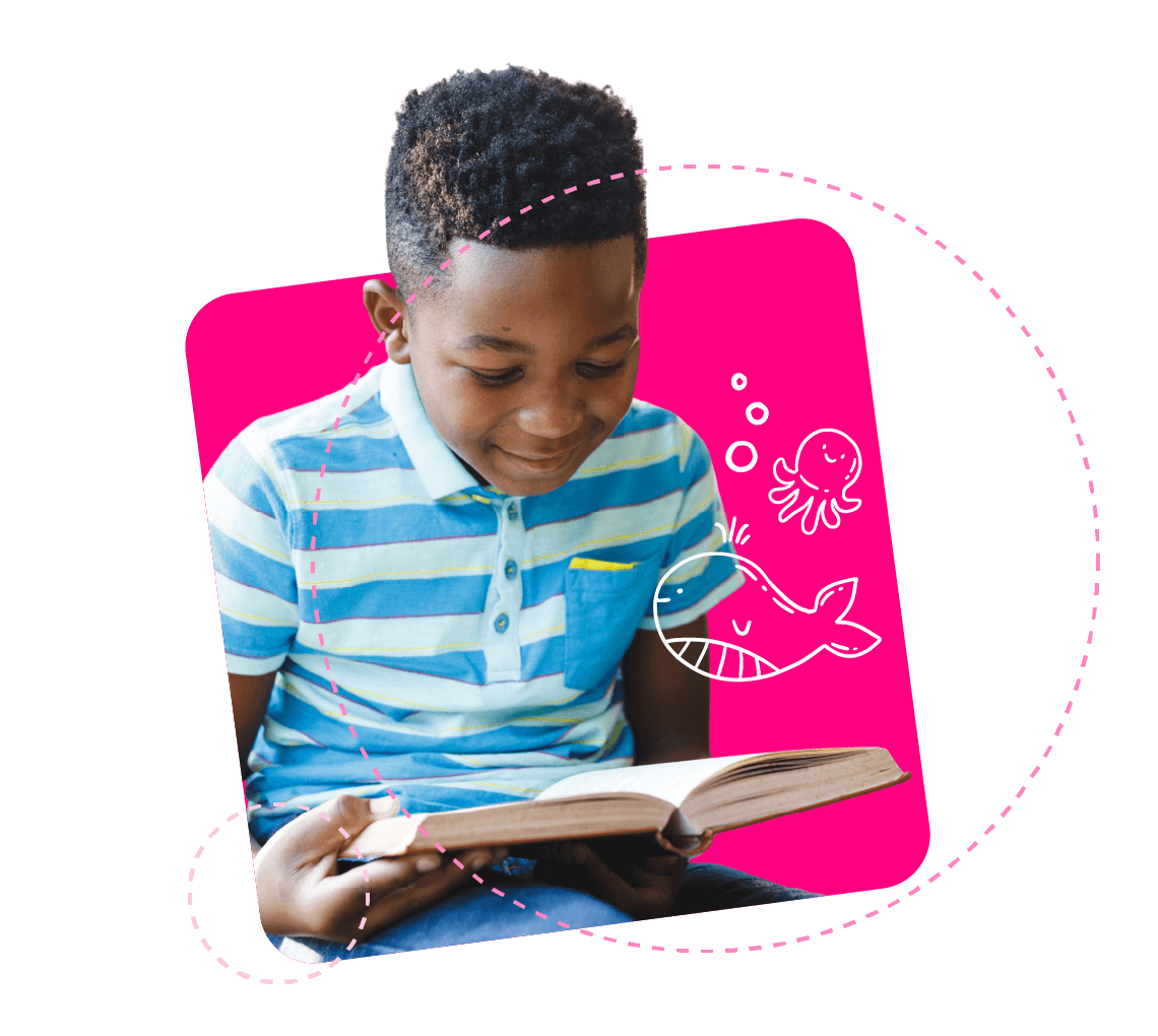 A young child smiling while holding a large book open in front of their face, surrounded by a pink background and illustrated circle graphics A young child smiling while holding a large book open in front of their face, surrounded by a pink background and illustrated circle graphics